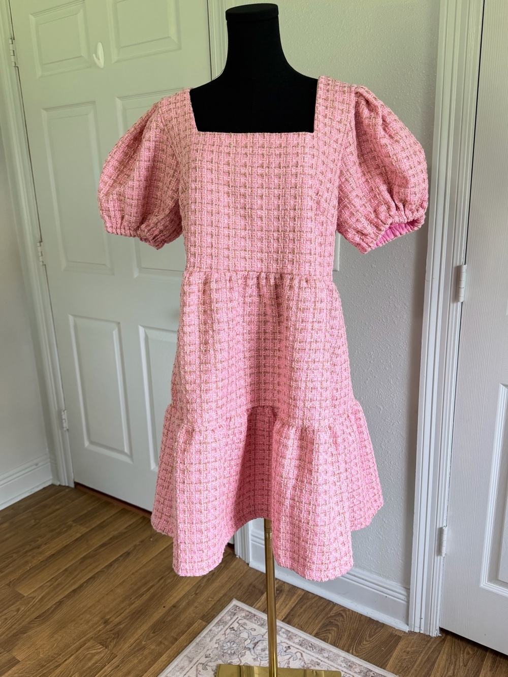 NWT Simply Southern Pink Tweed Puff Sleeve Mini Dress Large Barbiecore derby